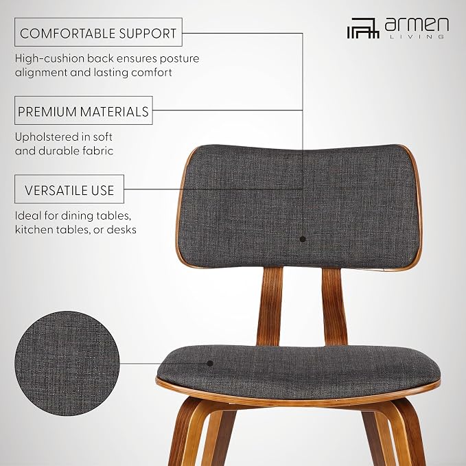 Armen Living Jaguar Mid-Century Dining Chair in Walnut Wood and Charcoal Fabric - Set of 2
