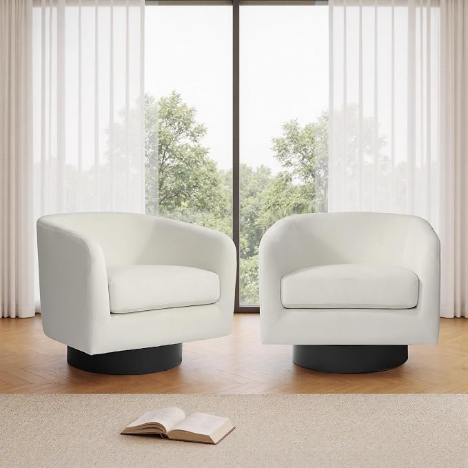 Swivel Barrel Accent Chairs Set of 2, Velvet Upholstered Armchair Modern Round Club Arm Chair for Living Room, Comfy Single Sofa Seating Bedroom Side Reading Seat for Home Office - Ivory