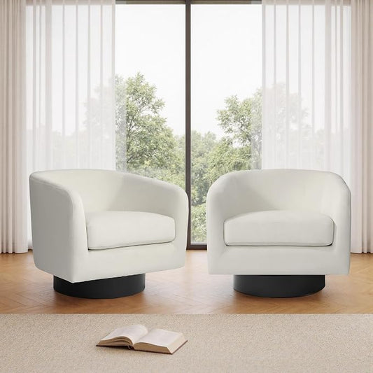 Swivel Barrel Accent Chairs Set of 2, Velvet Upholstered Armchair Modern Round Club Arm Chair for Living Room, Comfy Single Sofa Seating Bedroom Side Reading Seat for Home Office - Ivory