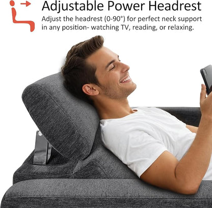 MCombo 88.6'' Reclining Sofa, Wall Hugger Power Recliner Sofa with Adjustable Headrest, USB A & C Charge Ports, Wood Legs, for Living Room (Fabric, HL198M3) (Dark Grey, 3-Seater)