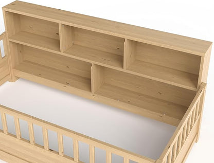 Bellemave Kids Montessori Floor Bed Twin Size,Floor Bed Frame with Bookcase and Fence for Kids Boys Girls,Natural