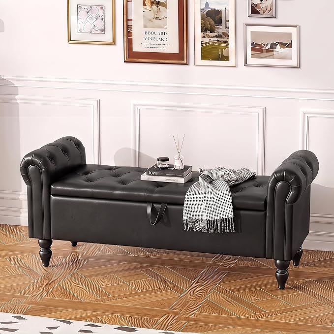 Furniliving 55” End of Bed Bench, Bedroom Bench with Button-Tufted, Large Upholstered Storage Ottoman Entryway Bench with Storage Shoe Cabinet Bench, for Bedroom, PU, Black