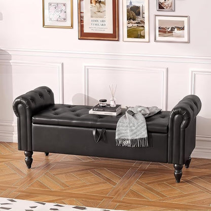 Furniliving 55” End of Bed Bench, Bedroom Bench with Button-Tufted, Large Upholstered Storage Ottoman Entryway Bench with Storage Shoe Cabinet Bench, for Bedroom, PU, Black