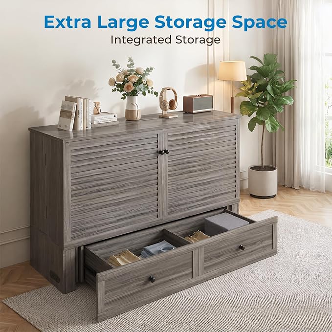 Mjkone 63" W Queen Size Murphy Bed Cabinet with Mattress Include, Modern Guest Cabinet Beds with USB Charging Station, Chest Cabinets Bed with Storage Drawer for Bedroom Home Office, Grey