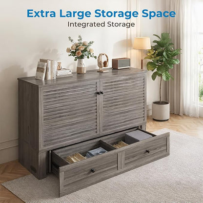 Mjkone 63" W Queen Size Murphy Bed Cabinet with Mattress Include, Modern Guest Cabinet Beds with USB Charging Station, Chest Cabinets Bed with Storage Drawer for Bedroom Home Office, Grey