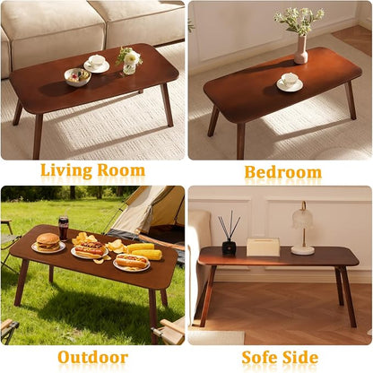 Baveke Folding Coffee Table- Foldable Floor Tables, Mid Century Coffee Table for Living Room, Small Coffee Tables Solid Wood Japanese Low Table for Sitting on Floor, No Assembly, 39.4''-Brown