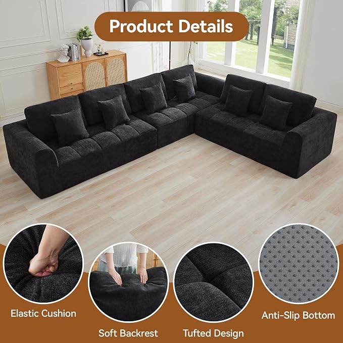 140''Modular Sectional Couches for Living Room, Cloud Boneless Compressed Sectional Sofa, Oversized L Shaped 6 Seater Upholstered Memory Foam Sofa, No Assembly, Chenille Black