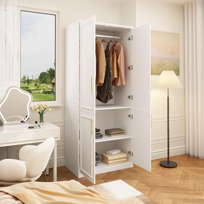 Timechee Almirah for Clothes, 74.8" Tall Bedroom Closet Storage Cabinet with Doors and Shelves, Hanging Rod, White Standing Wardrobe Clothes Closet for Bedroom, Armario Storage Cabinet for Clothes