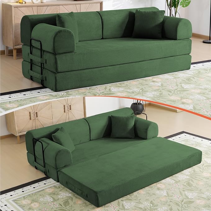 78.8" Boneless Memory Foam Couch, Corduroy Convertible Floor Sofa Bed, Fold-Out Sleeper Futon Loveseat, Wide Armrests & Supportive Back, 1200 lb, Couch in a Box, 2 Pillows, Dark Green