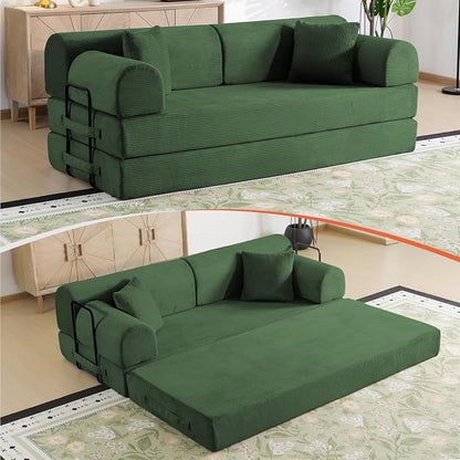 78.8" Boneless Memory Foam Couch, Corduroy Convertible Floor Sofa Bed, Fold-Out Sleeper Futon Loveseat, Wide Armrests & Supportive Back, 1200 lb, Couch in a Box, 2 Pillows, Dark Green