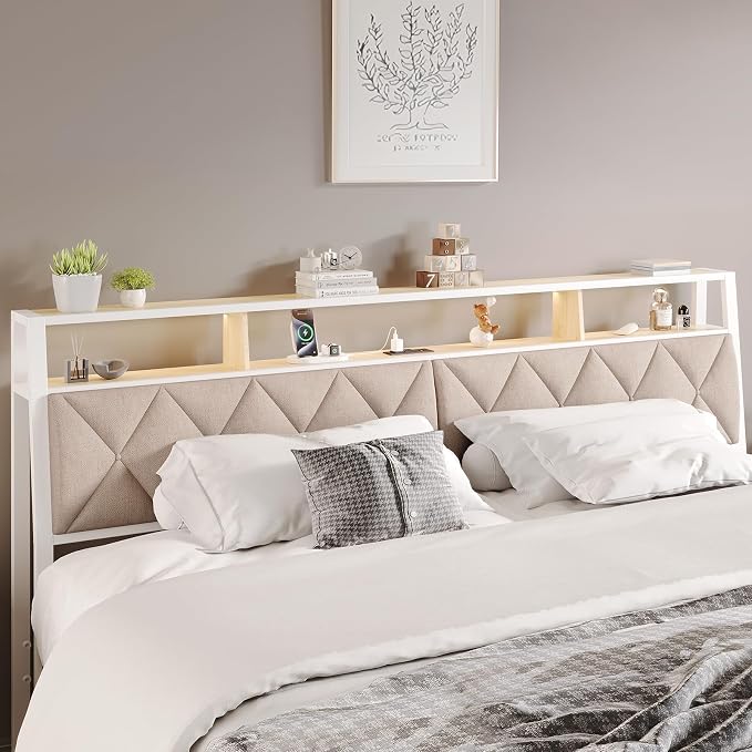 King Headboard Only, Headboard for King Size Bed with Storage, Upholstered Headboards with LED Lights & Charging Station, Attach Frame, Ideal for Bedroom/Dorm/Guest Room, White & Beige