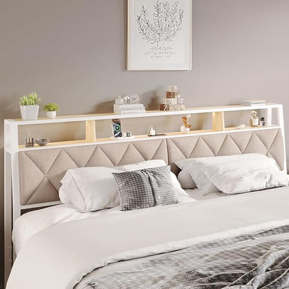 King Headboard Only, Headboard for King Size Bed with Storage, Upholstered Headboards with LED Lights & Charging Station, Attach Frame, Ideal for Bedroom/Dorm/Guest Room, White & Beige