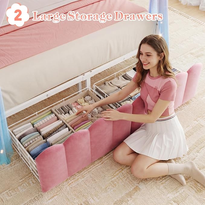 Homkdom Canopy Bed Frame Queen Size with Upholstered Storage Headboard and Charging Station & LED Lights, 2 Oversized Drawers,Heavy-Duty Support, No Box Spring,Quiet Sleep,Easy Assembly, Pink