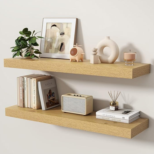 Floating Shelves for Wall, 36 Inch x 8 Inch Deep Wall Mounted Wood Shelf with Invisible Brackets for Storage & Display, Living Room Bedroom Kitchen, Oak, Set of 2