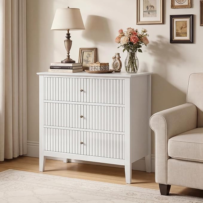 RoyalCraft White Fluted 3 Drawer Dresser, 32 inch Wide Dresser Nightstand for Bedroom, Modern Wood Chest of Drawers, Large Painted Nightstand with 3 Drawers for Closet, Hallway, Entryway
