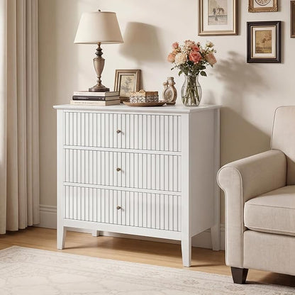 RoyalCraft White Fluted 3 Drawer Dresser, 32 inch Wide Dresser Nightstand for Bedroom, Modern Wood Chest of Drawers, Large Painted Nightstand with 3 Drawers for Closet, Hallway, Entryway