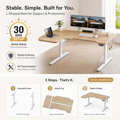 Grandder 47" L Shaped Standing Desk, Electric Height Adjustable Corner Stand Up Desk with Ergonomic Curved Round Corner for Small Apartment Home Office, Oak Desktop White Frame