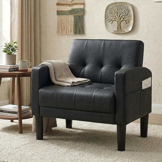 TYBOATLE Accent Chair, Living Room Chairs, Cozy Tufted Mid Century Modern Black Accent Chairs with Arms for Bedroom, Comfy Reading Arm Chair,Small Chairs for Small Spaces,Living Room,Office (1, Black)