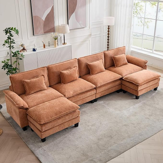 Oprisen 154" Modular Sectional Sofa, Comfy Cloud Couch Sectional Sofa with Ottoman, Chenille Sofa Sleeper Deep Seat Sofa with Throw Pillows for Living Room (Orange, 154"- U Shape)