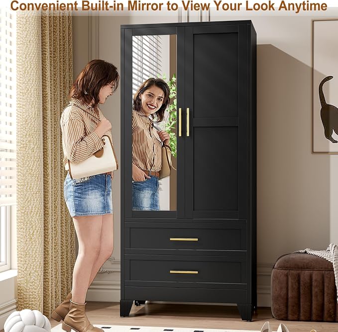Metal Armoire Wardrobe Closet Storage Cabinet with 2 Doors Black, 71'' Wardrobe with Hanging Rod Metal Closet with Adjustable Shelf and 2 Drawers, Freestanding Storage Cabinet for Bedroom