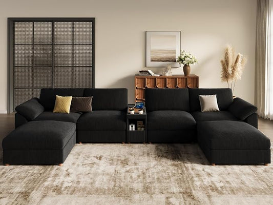 EASE MOOSE Extra Large Sectional Modular Sofa,U Shape Modular Deep Seat Corduroy Sectional Couch Console,Removable Washable,Black