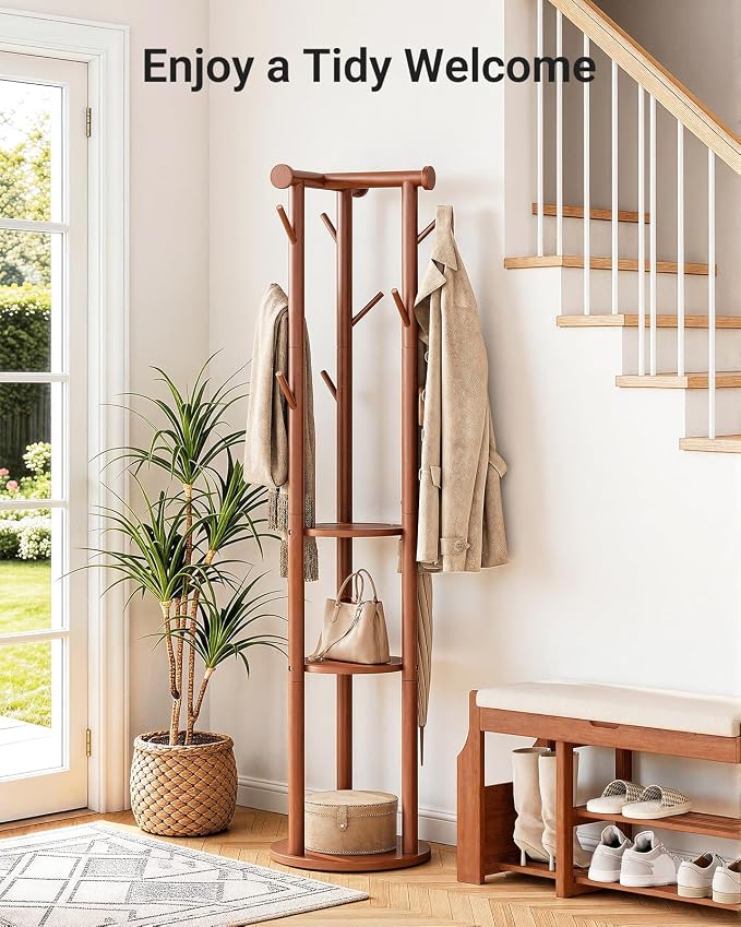Pipishell Solid Wood Freestanding Coat Rack, Coat Tree with 5 Wheels, Wooden Coat Stand with 9 Hooks & 3-Tier Shelves for Entryway, Bedroom, Hallway, Living Room