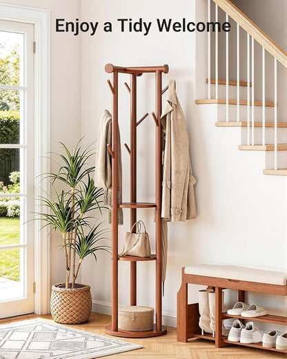 Pipishell Solid Wood Freestanding Coat Rack, Coat Tree with 5 Wheels, Wooden Coat Stand with 9 Hooks & 3-Tier Shelves for Entryway, Bedroom, Hallway, Living Room