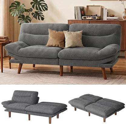 Marsail 75" Convertible Futon Sofa Bed, Corduroy Futon Couch with Adjustable Backrest & Armrests, Small Sleeper Sofa Loveseat for Living Room, Apartment, Office, Light Gray