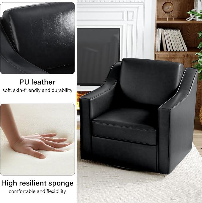 Swivel Accent Chair, Modern Round Barrel Arm Chair for Living Room, Bedroom, Comfy Club Reading Chairs for Adults (Leather Black, Set of 1)