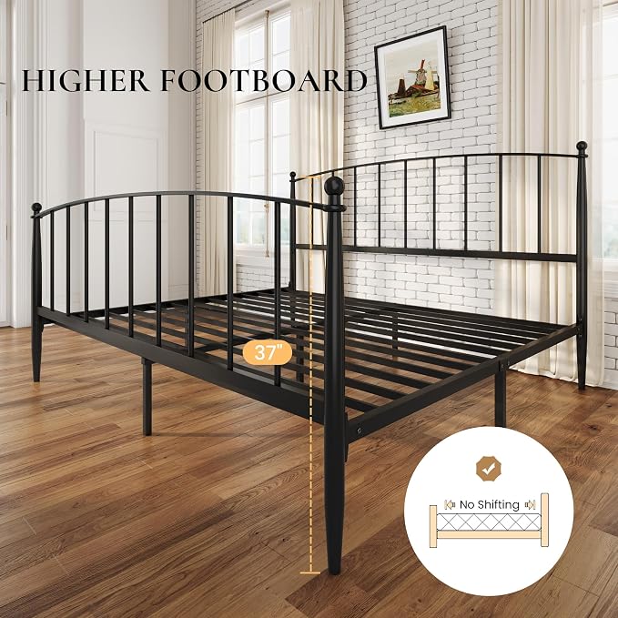 SHA CERLIN King Size Metal Platform Bed Frame with Victorian Style Iron-Art Headboard and Footboard, Easy Assembly, No Box Spring Needed, Black