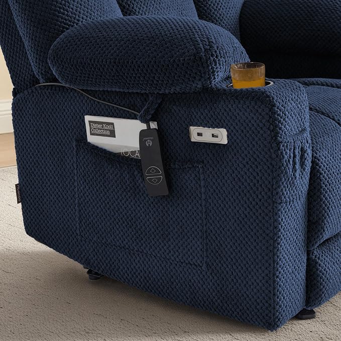 MCombo Oversized Zero Gravity Recliner Chair with Heating and Massage, Power Recliner for Big and Tall with USB & Type C Ports, Cup Holders for Living Room 8017 (Navy Blue, Oversized)