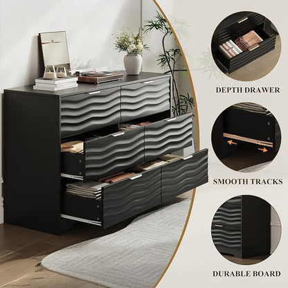 MALOL Coastline Fluted 6 Drawers Dresser for Bedroom, 48" Wide Modern Chest of TV Stand Organizers with Metal Handle, Storage Wooden Dresser Drawer for Living Room, Hallway, Closet, Black Wood
