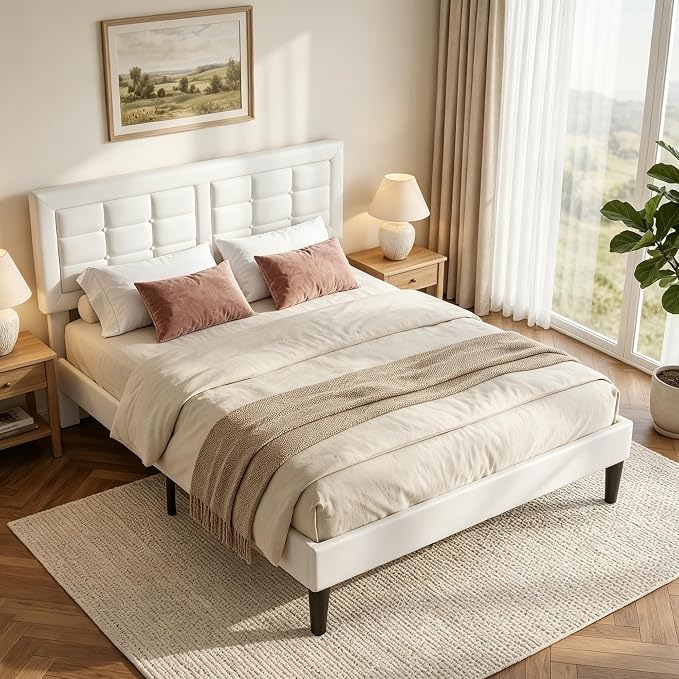 VECELO Queen Size Bed Frame, Adjustable Upholstered Button Tufted Headboard, Heavy-Duty Bedframe with Wood Slats Support, No Box Spring Needed, Linen & White