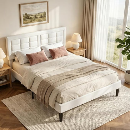 VECELO Queen Size Bed Frame, Adjustable Upholstered Button Tufted Headboard, Heavy-Duty Bedframe with Wood Slats Support, No Box Spring Needed, Linen & White