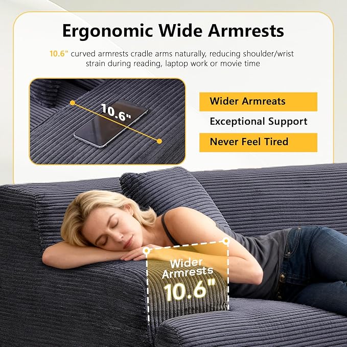 VINGLI 72" W Boneless Loveseat Sofa, Cloud Corduroy Couch in a Box, Compressed Deep Seat Sofa with 10.6" Wide Curved Armrests, Easy Assembly Required for Living Room, Apartments & Office, Dark Grey