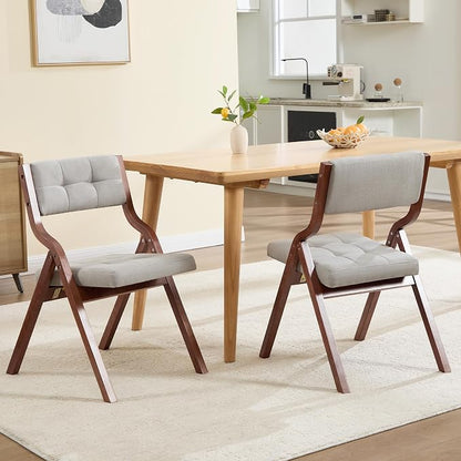 Folding Chairs with Cushion Set of 6,Padded Foldable Dining Chairs,Portable Wooden Folding Dining Chairs for Dining Room Kitchen Wedding Party Indoor Linen Walnut Lightgrey