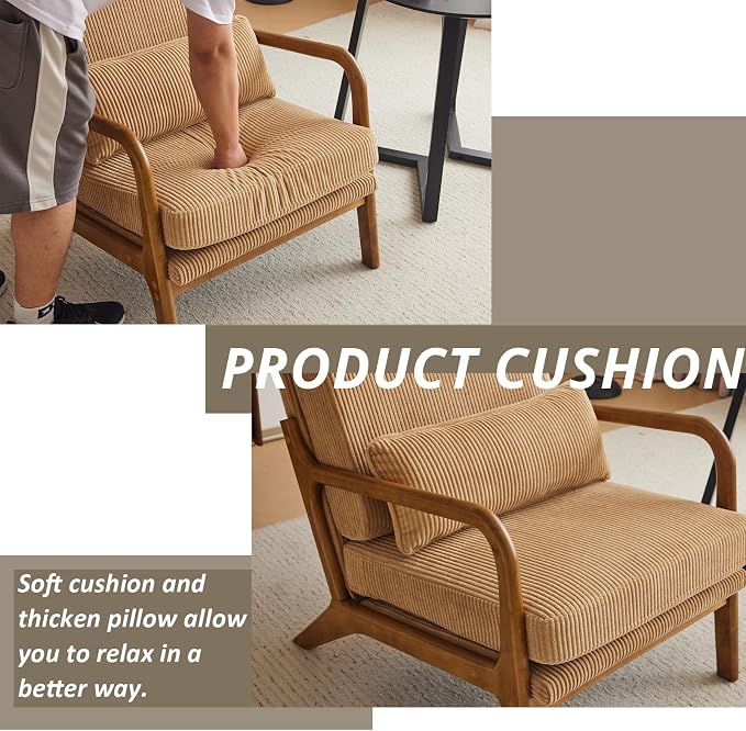 Karl home Accent Chair High Back Mid-Century Modern, Khaki | Corduroy Upholstered, Walnut Color Solid Rubber Wood Frame, Soft Cushion with Pillow, For Living Room, Bedroom, Balcony