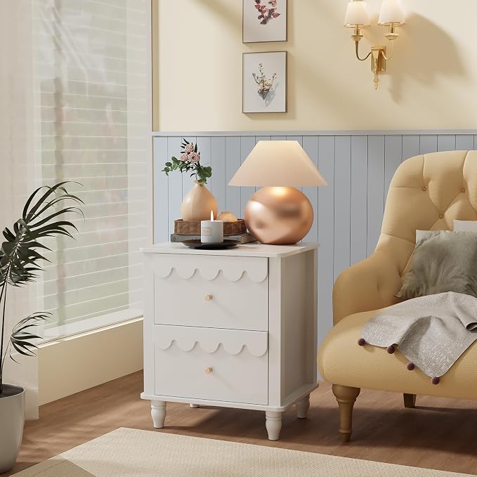 White Nightstand Side End Table with 2 Drawers, Modern Wood Night Stand with Petal Pattern for Bedroom, Scalloped Bedside Night Tables with Solid Wood Legs
