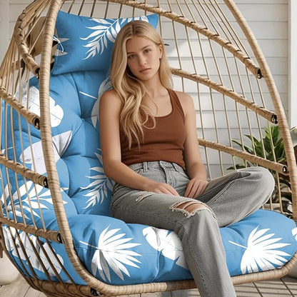 Outdoor Hanging Egg Chair Cushion Replacement, Extra Large Waterproof Egg Swing Cushions with Headrest Pillow and Ties, U-Shaped Thickened Cushion for Hanging Eggs Chair (Blue Leaf)