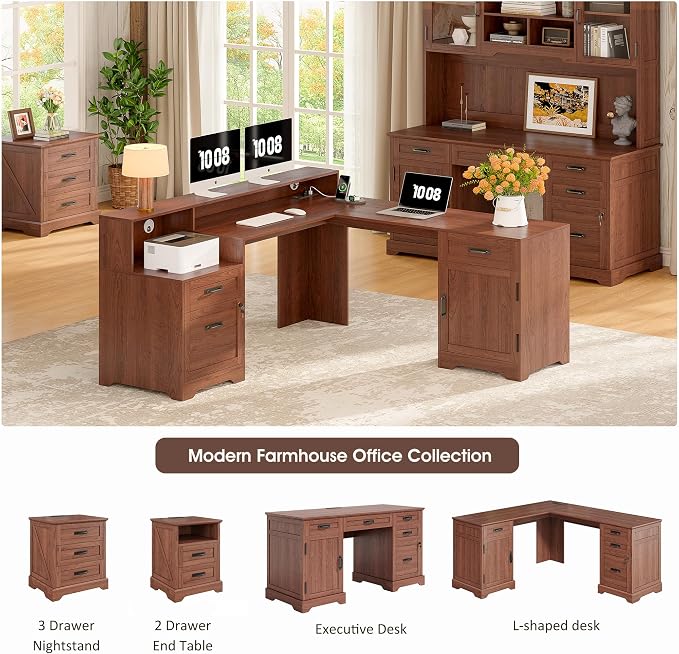Whalefall 63'' Farmhouse L Shaped Desk with Monitor Stand Shelves, Brown | Corner Computer Desk with Drawers, Executive Home Office L Desk with File Cabinet Storage and Charging Station