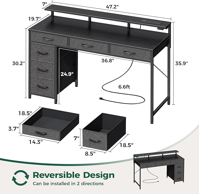 Huuger Gaming Desk with 6 Drawers, Computer Desk with LED Lights Power Outlets and Type-C, 47 Inch Office Desk with Storage, Monitor Stand, Writing Desk Work Desk Home Office, Bedroom, Black