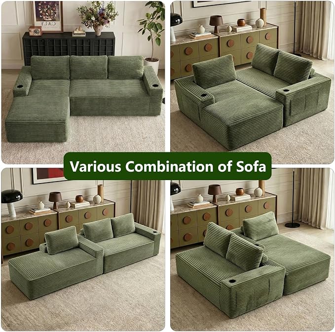 104.3" Modular Sectional Sofa,Modern Corduroy Cloud Couch with Cup Holder & Side Pockets,Boneless Couch Upholstered 3-Seater L-Shaped Sofa for Living Room,No Assembly (Green, Left-Facing Chaise) | with Cup Holder