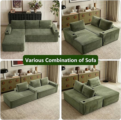 104.3" Modular Sectional Sofa,Modern Corduroy Cloud Couch with Cup Holder & Side Pockets,Boneless Couch Upholstered 3-Seater L-Shaped Sofa for Living Room,No Assembly (Green, Left-Facing Chaise) | with Cup Holder
