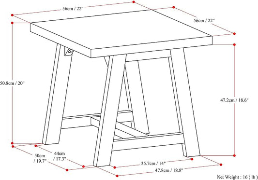 SIMPLIHOME Sawhorse SOLID WOOD 22 inch Wide Square Modern Industrial End Side Table in Distressed Grey for the Living Room and Bedroom