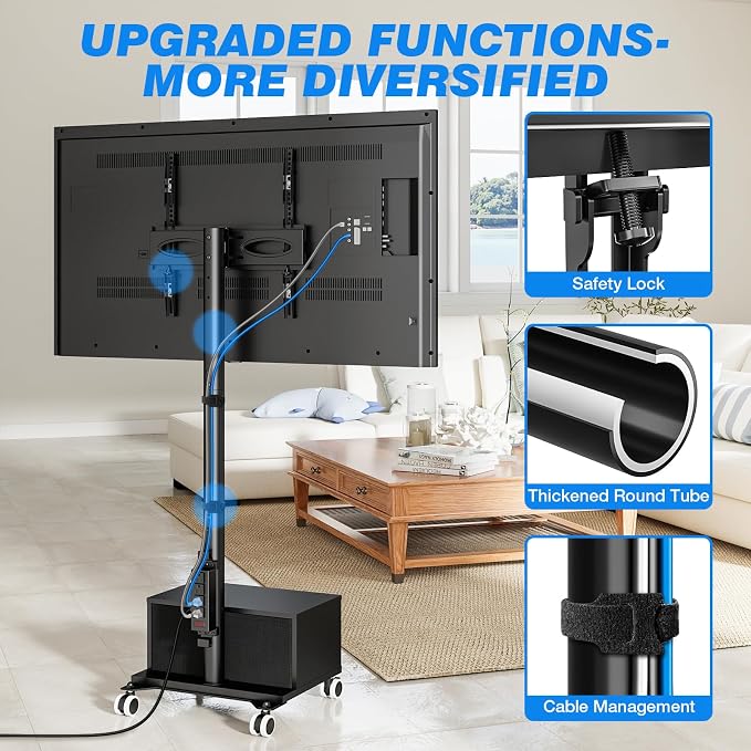 Rfiver Rolling TV Stand with Power Outlet and Drawer for 32-60 Inch TVs, Swivel Mobile TV Cart with Wheels, 6-Level Height Adjustable Floor TV Mount up to 88lbs, Max VESA 400x400mm