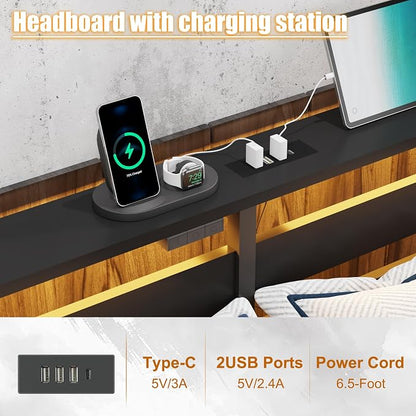 Full Size Metal Platform Bed Frame with LED Headboard & Storage Shelf, Modern Black Metal Bed with USB Charging, No Box Spring Needed, Sturdy Slat Support for Bedroom（Black,Full）