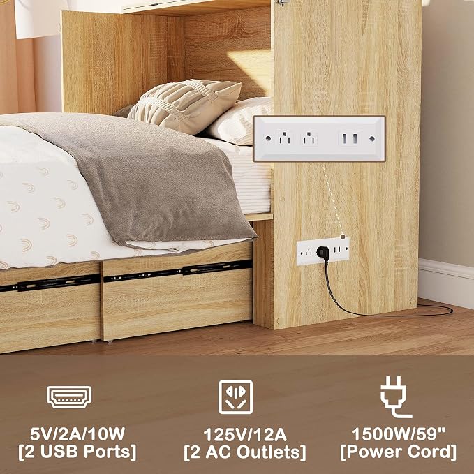 Full Size Murphy Bed Cabinet: Modern Murphy Bed Full Oak, Natural Wood Hidden Beds Cabinet with Charging Station, Contemporary Hideaway Beds for Apartments (Oak-Fluted)