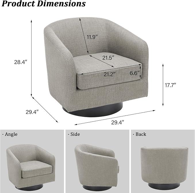 Swivel Barrel Accent Chair, Modern Round Linen Arm Chair for Living Room, Bedroom, Comfy Club Reading Chairs for Adults（Linen Fabric, Khaki, Set of 4