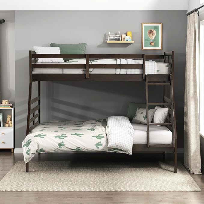 Lexicon Bunk Bed Twin Over Full, Wooden Bed Frame with Sturdy Ladder and Safety Guard Rails, Modern Space-Saving Design, for Bedroom/Guest Room, No Box Spring Needed, Dark Brown