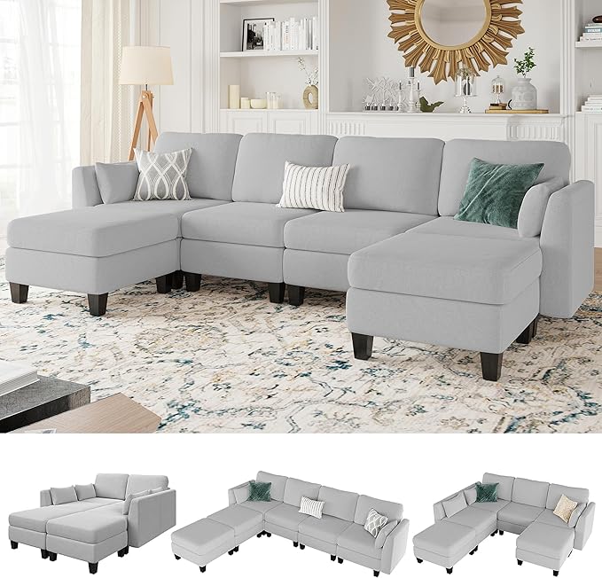 Modular Sectional Sofa, 6 Seaters Modular Sleeper Sofa Couch, Comfy Sectionals Couches Bed, Convertible Sofas with Ottomans, Sectional Couches for Living Room, Light Grey